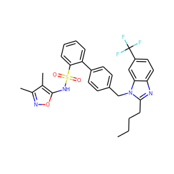 CCCCc1nc2ccc(C(F)(F)F)cc2n1Cc1ccc(-c2ccccc2S(=O)(=O)Nc2onc(C)c2C)cc1 ZINC000084690208