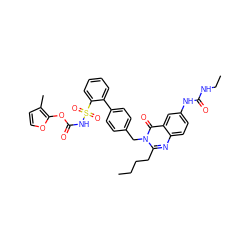 CCCCc1nc2ccc(NC(=O)NCC)cc2c(=O)n1Cc1ccc(-c2ccccc2S(=O)(=O)NC(=O)Oc2occc2C)cc1 ZINC000027981157