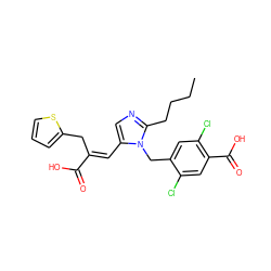 CCCCc1ncc(/C=C(\Cc2cccs2)C(=O)O)n1Cc1cc(Cl)c(C(=O)O)cc1Cl ZINC000013831905