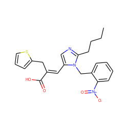 CCCCc1ncc(/C=C(\Cc2cccs2)C(=O)O)n1Cc1ccccc1[N+](=O)[O-] ZINC000001552602