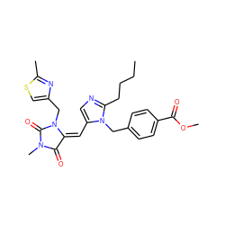 CCCCc1ncc(/C=C2/C(=O)N(C)C(=O)N2Cc2csc(C)n2)n1Cc1ccc(C(=O)OC)cc1 ZINC000013743395