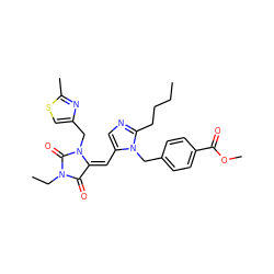 CCCCc1ncc(/C=C2/C(=O)N(CC)C(=O)N2Cc2csc(C)n2)n1Cc1ccc(C(=O)OC)cc1 ZINC000013743396