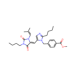 CCCCc1ncc(/C=C2/C(=O)N(CCCC)C(=O)N2C=C(C)C)n1Cc1ccc(C(=O)OC)cc1 ZINC000100715897