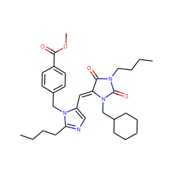 CCCCc1ncc(/C=C2/C(=O)N(CCCC)C(=O)N2CC2CCCCC2)n1Cc1ccc(C(=O)OC)cc1 ZINC000013743386