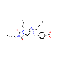 CCCCc1ncc(/C=C2/C(=O)N(CCCC)C(=O)N2CCCC)n1Cc1ccc(C(=O)OC)cc1 ZINC000100715830