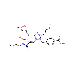 CCCCc1ncc(/C=C2/C(=O)N(CCCC)C(=O)N2Cc2cc(C)on2)n1Cc1ccc(C(=O)OC)cc1 ZINC000013743392