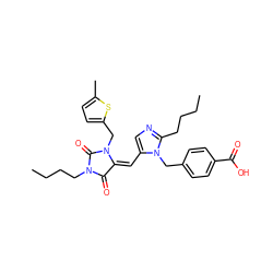 CCCCc1ncc(/C=C2/C(=O)N(CCCC)C(=O)N2Cc2ccc(C)s2)n1Cc1ccc(C(=O)O)cc1 ZINC000100715804