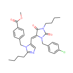 CCCCc1ncc(/C=C2/C(=O)N(CCCC)C(=O)N2Cc2ccc(Cl)cc2)n1Cc1ccc(C(=O)OC)cc1 ZINC000027211988