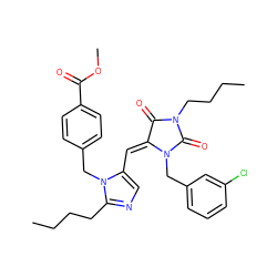 CCCCc1ncc(/C=C2/C(=O)N(CCCC)C(=O)N2Cc2cccc(Cl)c2)n1Cc1ccc(C(=O)OC)cc1 ZINC000027209120