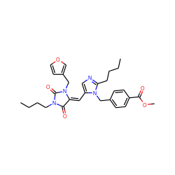 CCCCc1ncc(/C=C2/C(=O)N(CCCC)C(=O)N2Cc2ccoc2)n1Cc1ccc(C(=O)OC)cc1 ZINC000100715984