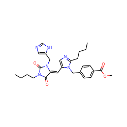 CCCCc1ncc(/C=C2/C(=O)N(CCCC)C(=O)N2Cc2cnc[nH]2)n1Cc1ccc(C(=O)OC)cc1 ZINC000013743391