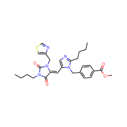 CCCCc1ncc(/C=C2/C(=O)N(CCCC)C(=O)N2Cc2cscn2)n1Cc1ccc(C(=O)OC)cc1 ZINC000027206888