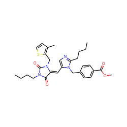 CCCCc1ncc(/C=C2/C(=O)N(CCCC)C(=O)N2Cc2sccc2C)n1Cc1ccc(C(=O)OC)cc1 ZINC000027208875