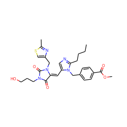 CCCCc1ncc(/C=C2/C(=O)N(CCCO)C(=O)N2Cc2csc(C)n2)n1Cc1ccc(C(=O)OC)cc1 ZINC000027205538