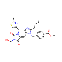 CCCCc1ncc(/C=C2/C(=O)N(CO)C(=O)N2Cc2csc(C)n2)n1Cc1ccc(C(=O)OC)cc1 ZINC000013743397