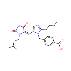 CCCCc1ncc(/C=C2\C(=O)NC(=O)N2CCC(C)C)n1Cc1ccc(C(=O)O)cc1 ZINC000013743405