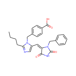 CCCCc1ncc(/C=C2\C(=O)NC(=O)N2Cc2ccccc2)n1Cc1ccc(C(=O)O)cc1 ZINC000013743407