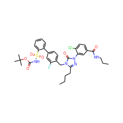 CCCCc1nn(-c2cc(C(=O)NCCC)ccc2Cl)c(=O)n1Cc1ccc(-c2ccccc2S(=O)(=O)NC(=O)OC(C)(C)C)cc1F ZINC000027211579