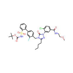 CCCCc1nn(-c2cc(C(=O)NCCOC)ccc2Cl)c(=O)n1Cc1ccc(-c2ccccc2S(=O)(=O)NC(=O)OC(C)(C)C)cc1F ZINC000027211795