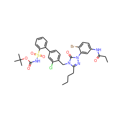 CCCCc1nn(-c2cc(NC(=O)CC)ccc2Br)c(=O)n1Cc1ccc(-c2ccccc2S(=O)(=O)NC(=O)OC(C)(C)C)cc1Cl ZINC000095547590