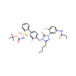 CCCCc1nn(-c2cc(NC(=O)CC)ccc2Cl)c(=O)n1Cc1ccc(-c2ccccc2S(=O)(=O)NC(=O)OC(C)(C)C)cc1F ZINC000027210533