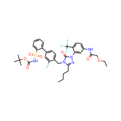 CCCCc1nn(-c2cc(NC(=O)COCC)ccc2C(F)(F)F)c(=O)n1Cc1ccc(-c2ccccc2S(=O)(=O)NC(=O)OC(C)(C)C)cc1F ZINC000095611279