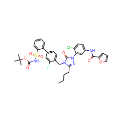 CCCCc1nn(-c2cc(NC(=O)c3ccco3)ccc2Cl)c(=O)n1Cc1ccc(-c2ccccc2S(=O)(=O)NC(=O)OC(C)(C)C)cc1F ZINC000027209972