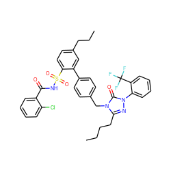 CCCCc1nn(-c2ccccc2C(F)(F)F)c(=O)n1Cc1ccc(-c2cc(CCC)ccc2S(=O)(=O)NC(=O)c2ccccc2Cl)cc1 ZINC000026675487