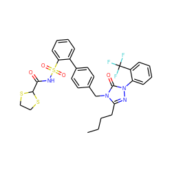 CCCCc1nn(-c2ccccc2C(F)(F)F)c(=O)n1Cc1ccc(-c2ccccc2S(=O)(=O)NC(=O)C2SCCS2)cc1 ZINC000026719217