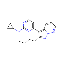 CCCCc1nn2ncccc2c1-c1ccnc(NC2CC2)n1 ZINC000038458591