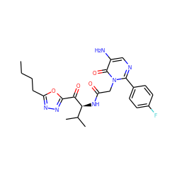 CCCCc1nnc(C(=O)[C@@H](NC(=O)Cn2c(-c3ccc(F)cc3)ncc(N)c2=O)C(C)C)o1 ZINC000013862568