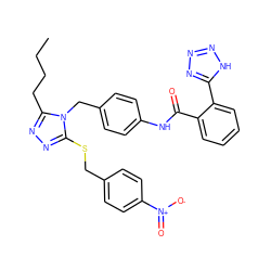 CCCCc1nnc(SCc2ccc([N+](=O)[O-])cc2)n1Cc1ccc(NC(=O)c2ccccc2-c2nnn[nH]2)cc1 ZINC000103214476