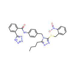 CCCCc1nnc(SCc2ccccc2[N+](=O)[O-])n1Cc1ccc(NC(=O)c2ccccc2-c2nnn[nH]2)cc1 ZINC000103214424