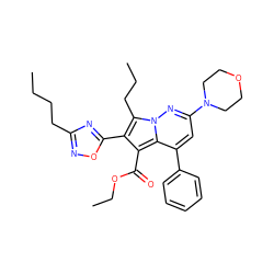 CCCCc1noc(-c2c(C(=O)OCC)c3c(-c4ccccc4)cc(N4CCOCC4)nn3c2CCC)n1 ZINC000064549121