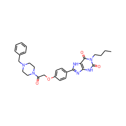 CCCCn1c(=O)[nH]c2nc(-c3ccc(OCC(=O)N4CCN(Cc5ccccc5)CC4)cc3)[nH]c2c1=O ZINC000013473010