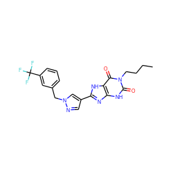 CCCCn1c(=O)[nH]c2nc(-c3cnn(Cc4cccc(C(F)(F)F)c4)c3)[nH]c2c1=O ZINC000029037290