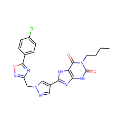 CCCCn1c(=O)[nH]c2nc(-c3cnn(Cc4noc(-c5ccc(Cl)cc5)n4)c3)[nH]c2c1=O ZINC000029037335