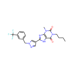 CCCCn1c(=O)c2[nH]c(-c3cnn(Cc4cccc(C(F)(F)F)c4)c3)nc2n(C)c1=O ZINC000029055841