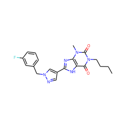 CCCCn1c(=O)c2[nH]c(-c3cnn(Cc4cccc(F)c4)c3)nc2n(C)c1=O ZINC000029055850