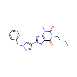 CCCCn1c(=O)c2[nH]c(-c3cnn(Cc4ccccc4)c3)nc2n(C)c1=O ZINC000029055912