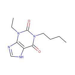 CCCCn1c(=O)c2[nH]cnc2n(CC)c1=O ZINC000013473619