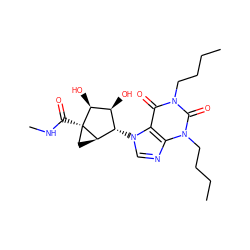 CCCCn1c(=O)c2c(ncn2[C@H]2[C@H](O)[C@H](O)[C@]3(C(=O)NC)C[C@H]23)n(CCCC)c1=O ZINC000026378475