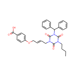 CCCCn1c(=O)n(C/C=C/COc2ccc(C(=O)O)cc2)c(=O)n(C(c2ccccc2)c2ccccc2)c1=O ZINC000036310647