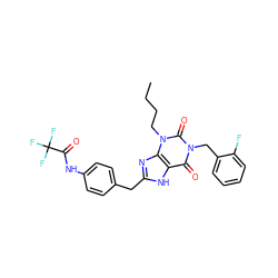 CCCCn1c(=O)n(Cc2ccccc2F)c(=O)c2[nH]c(Cc3ccc(NC(=O)C(F)(F)F)cc3)nc21 ZINC000028708734