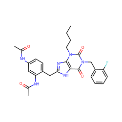 CCCCn1c(=O)n(Cc2ccccc2F)c(=O)c2[nH]c(Cc3ccc(NC(C)=O)cc3NC(C)=O)nc21 ZINC000028708741