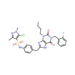 CCCCn1c(=O)n(Cc2ccccc2F)c(=O)c2[nH]c(Cc3ccc(NS(=O)(=O)c4c(C)nn(C)c4Cl)cc3)nc21 ZINC000028708887