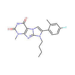 CCCCn1c(-c2ccc(F)cc2C)cn2c3c(=O)[nH]c(=O)n(C)c3nc12 ZINC000095588757