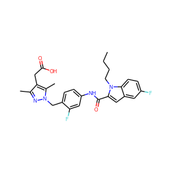 CCCCn1c(C(=O)Nc2ccc(Cn3nc(C)c(CC(=O)O)c3C)c(F)c2)cc2cc(F)ccc21 ZINC000169703217