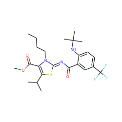 CCCCn1c(C(=O)OC)c(C(C)C)s/c1=N\C(=O)c1cc(C(F)(F)F)ccc1NC(C)(C)C ZINC000169688164