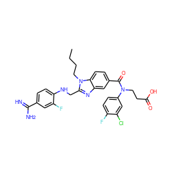 CCCCn1c(CNc2ccc(C(=N)N)cc2F)nc2cc(C(=O)N(CCC(=O)O)c3ccc(F)c(Cl)c3)ccc21 ZINC000653780759